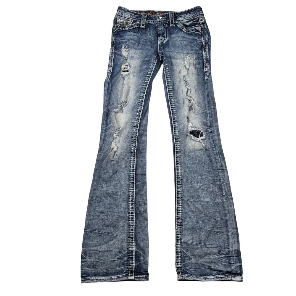 Rock Revival Jeans Womens 24 Peacoat Bootcut Distress Low Bling Retro Cowboy Y2K
